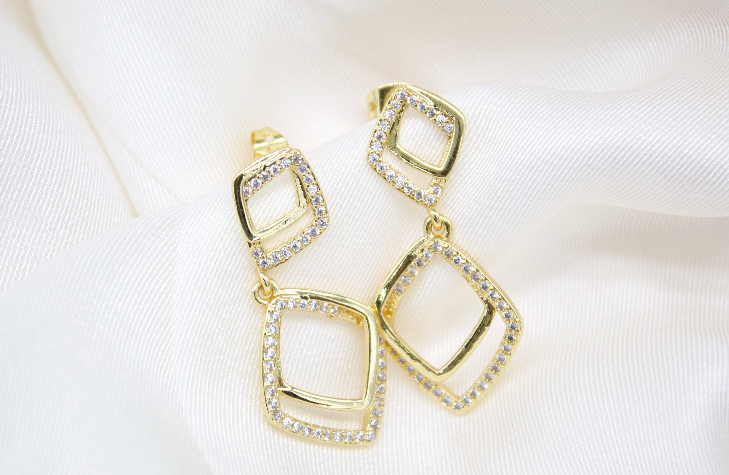 18K Gold Filled Modern Dangle Double Rings With CZ Cubic Zirconia Stone