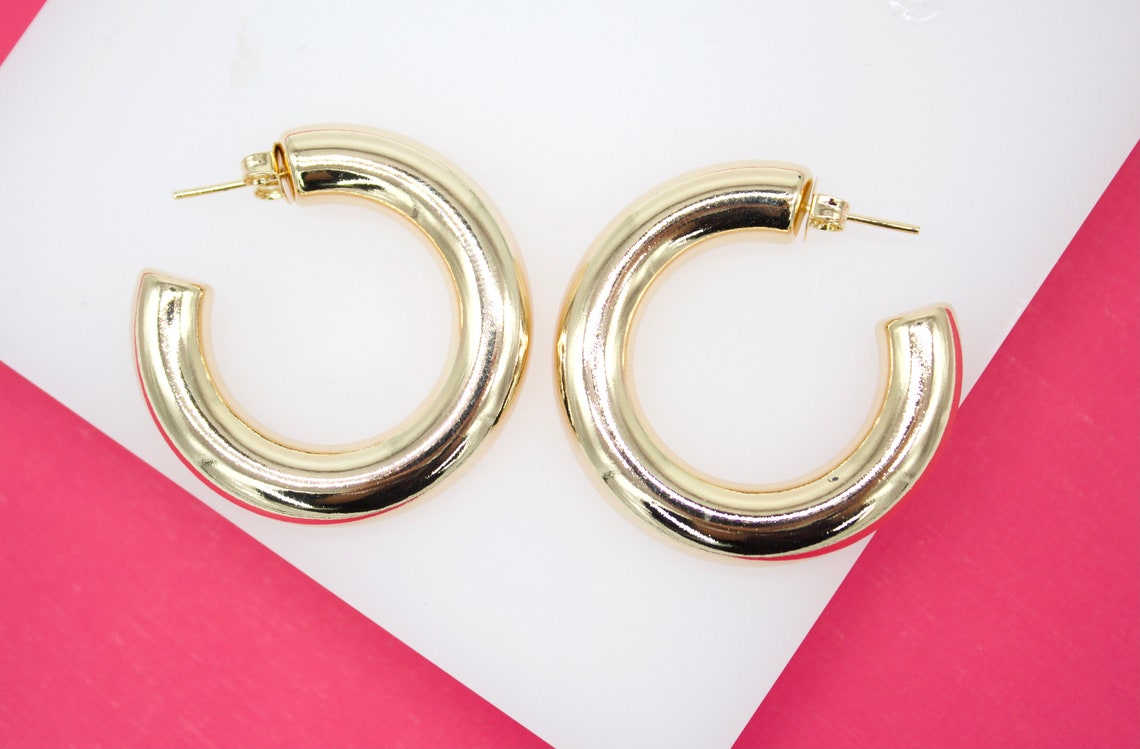 18K Gold Filled 7mm Thick Chunky Open Hoop Earrings (J62)