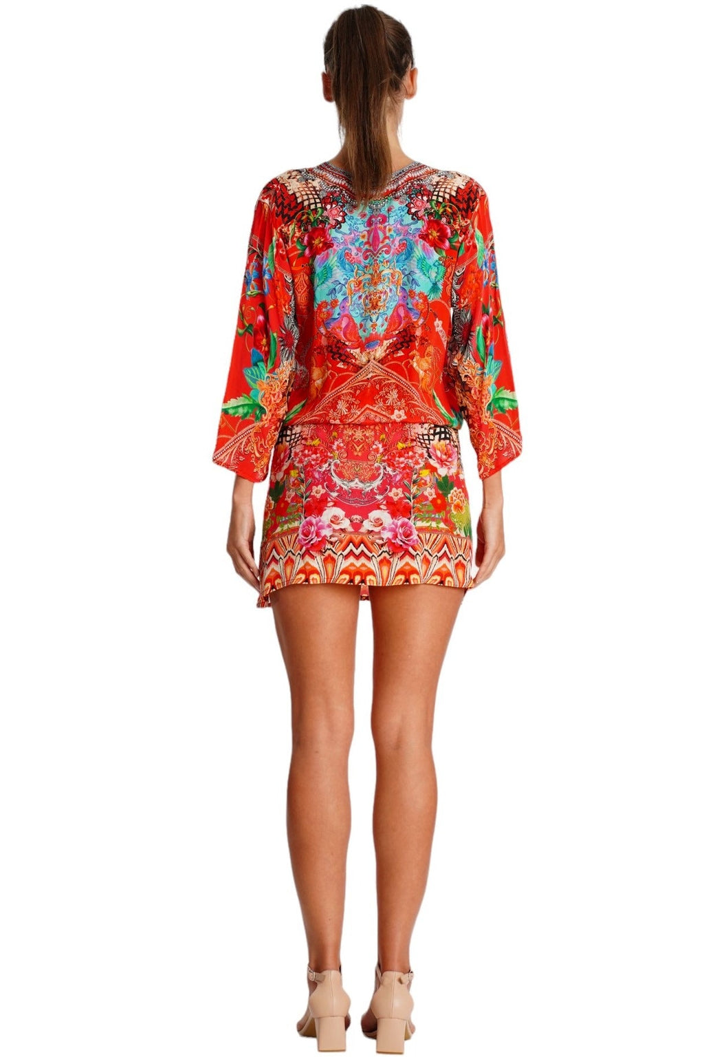 Wholesale Red & Orange Print V-Neck Tunic Mini Dress for Resort Retailers
