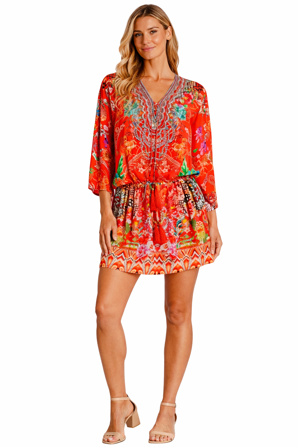 Wholesale Red & Orange Print V-Neck Tunic Mini Dress for Resort Retailers