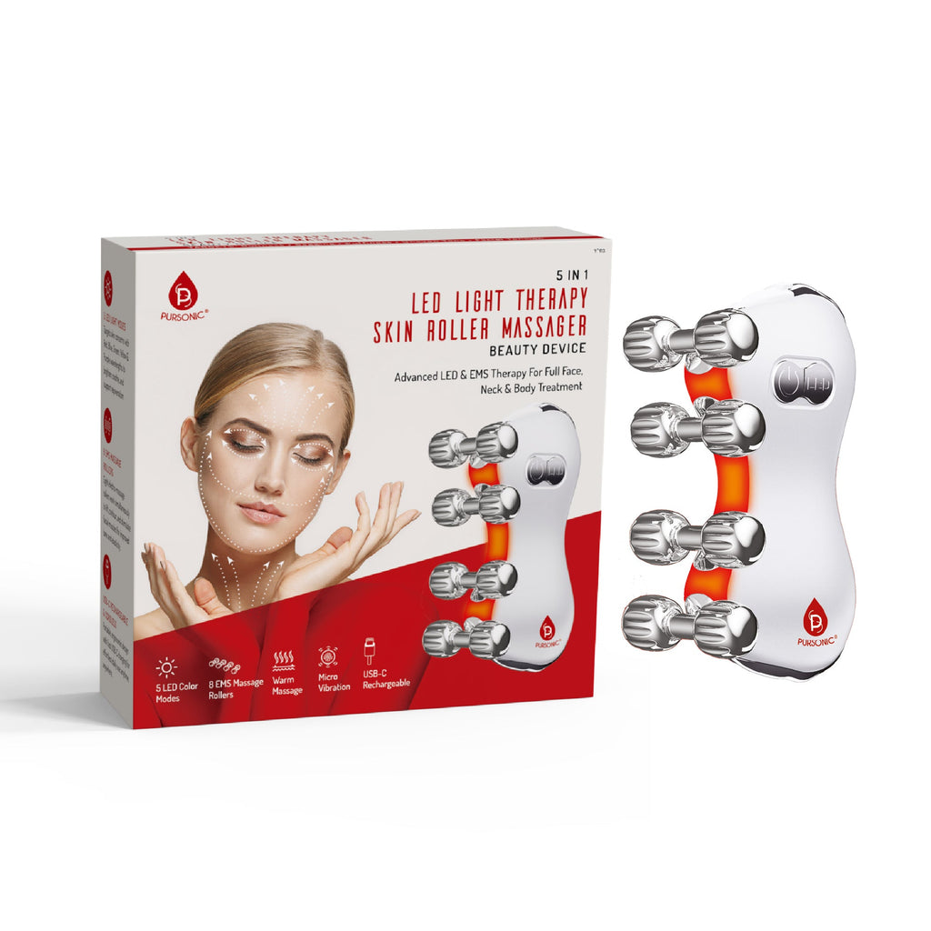 5-in-1 Skin Roller Massager With LED Light Therapy & 3-in-1 Facial Cleansing Device with 7 Color LED Light Therapy