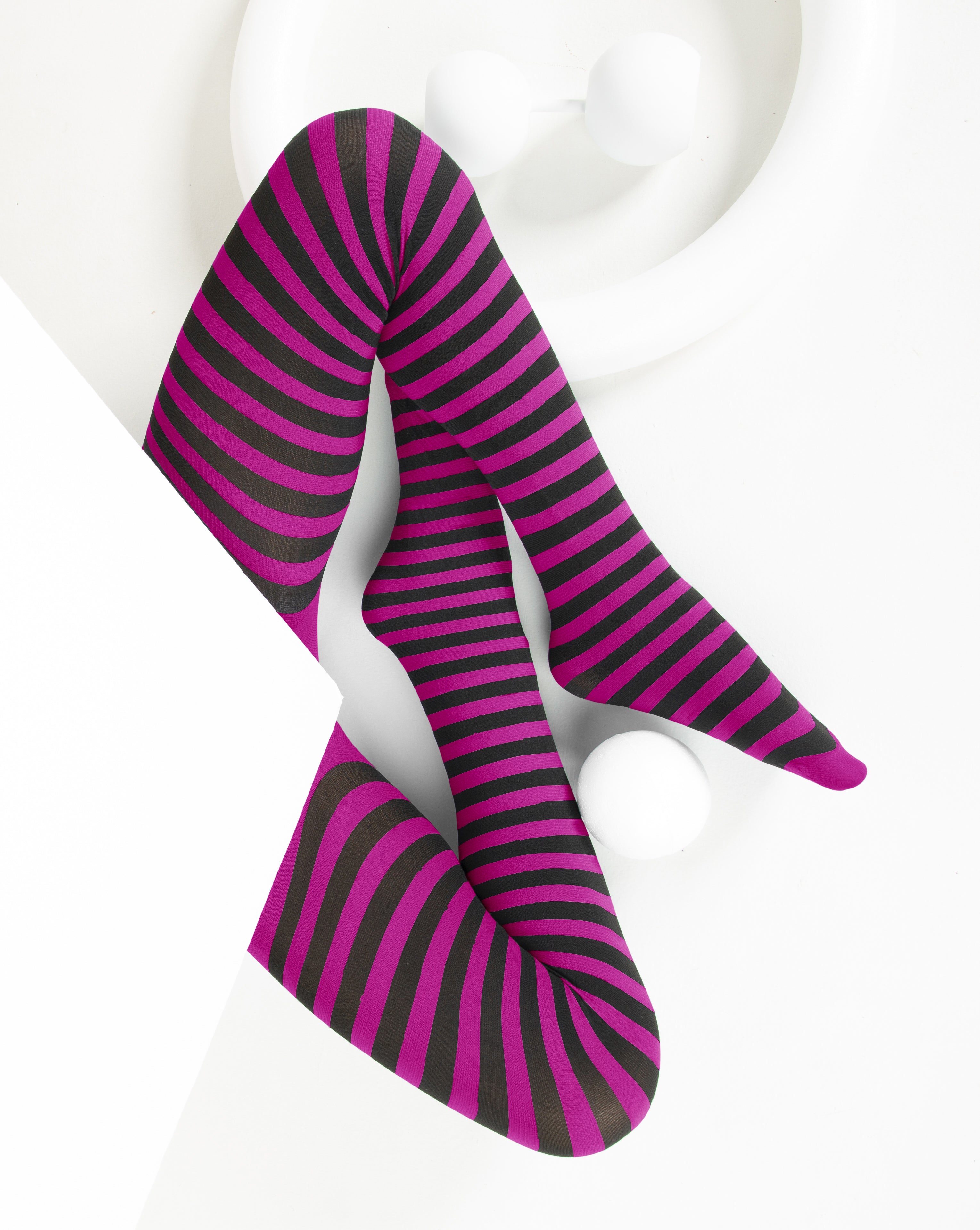 Kids Black Striped Tights 70 Denier - Fuchsia