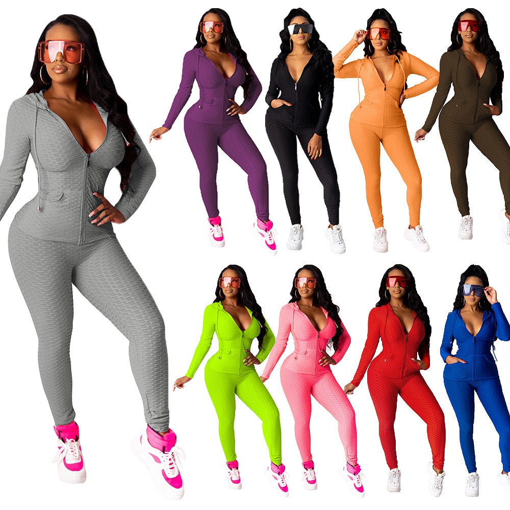 Sportswear Jacquard Hooded Set Gym Fitness Tracksuit Long Sleeve Zipper Hoodies Pencil Leggings Running Traning Outdoor Suit-0